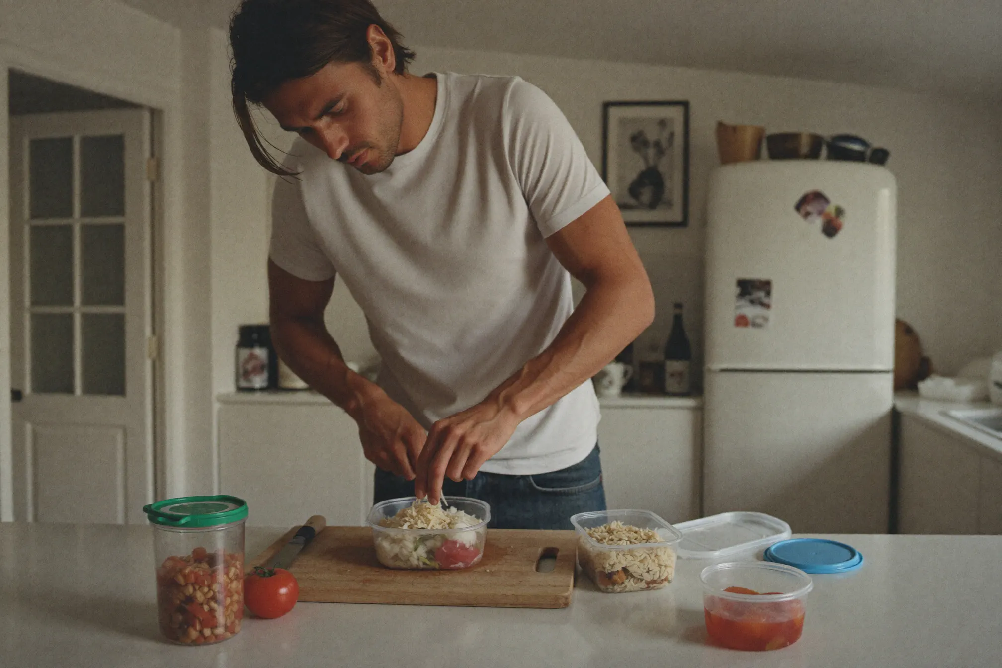 A man portioning the week's meals into containers on his kitchen counter.