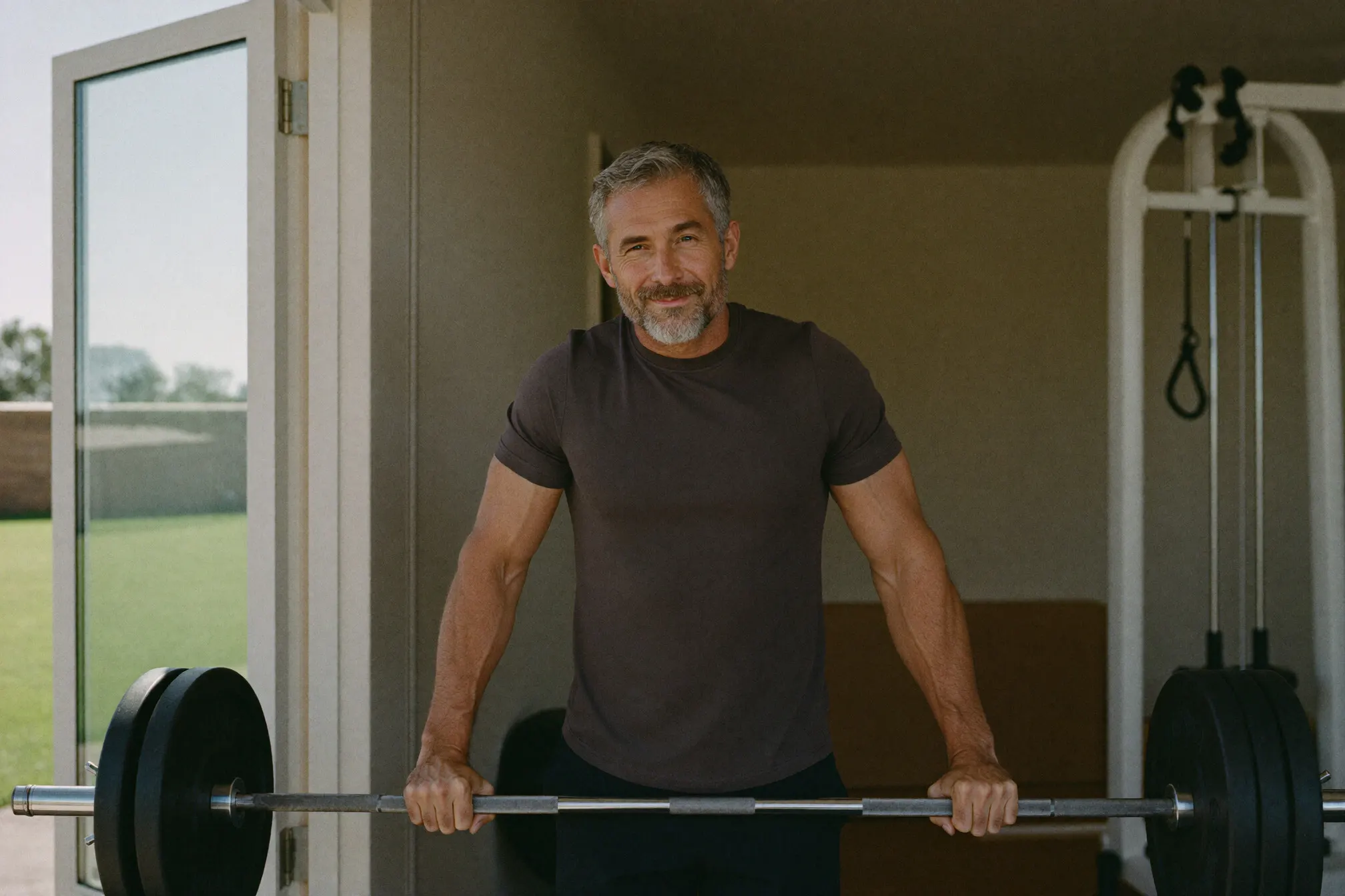 A man at ease beside the barbell rack in his home gym.