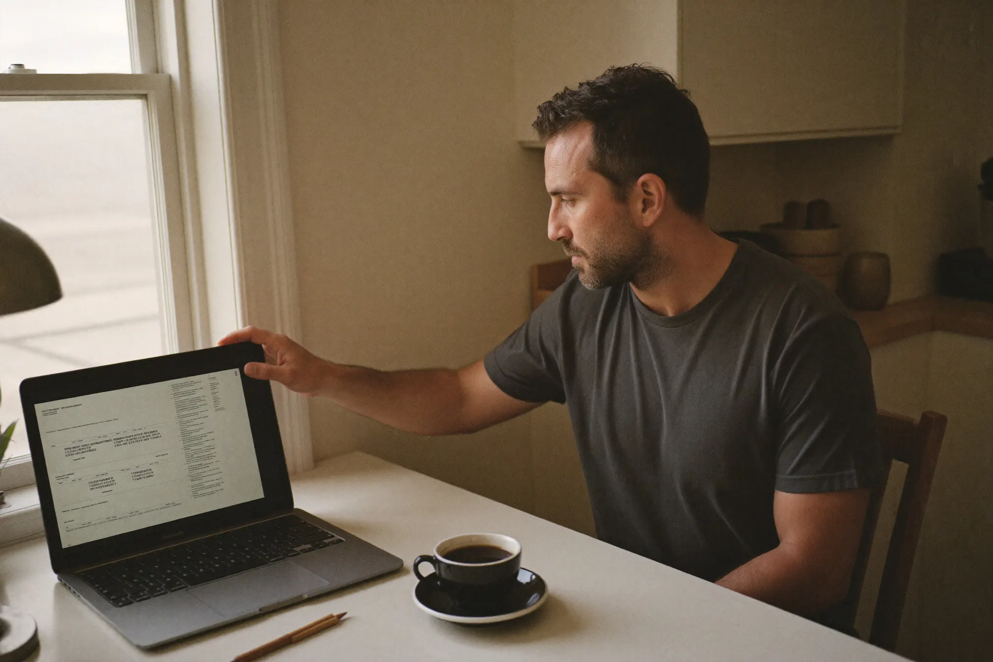 A man at his kitchen table reviewing a lab report on a laptop in morning light.