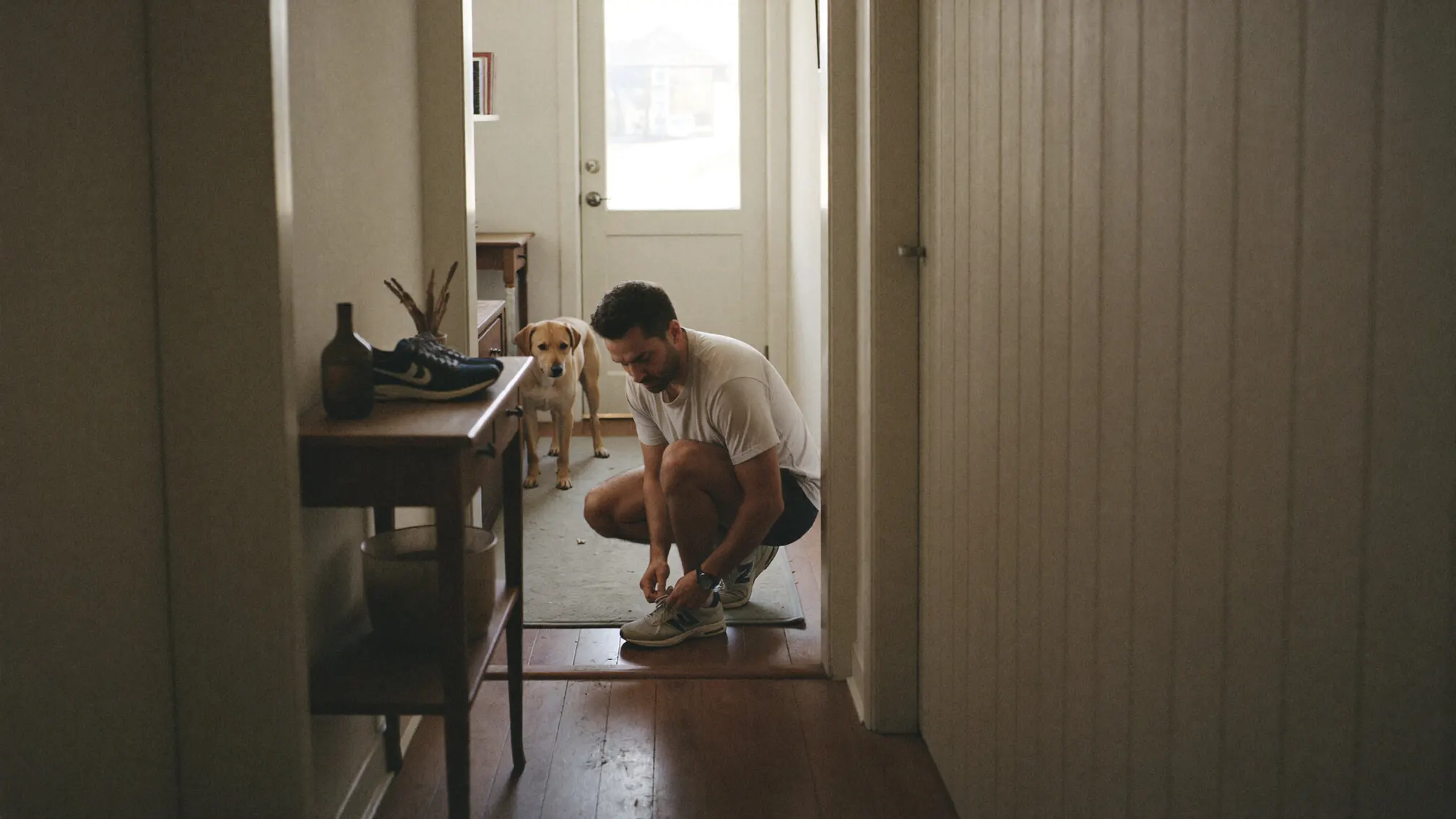 A man by his front door in the morning, tying his running shoes.