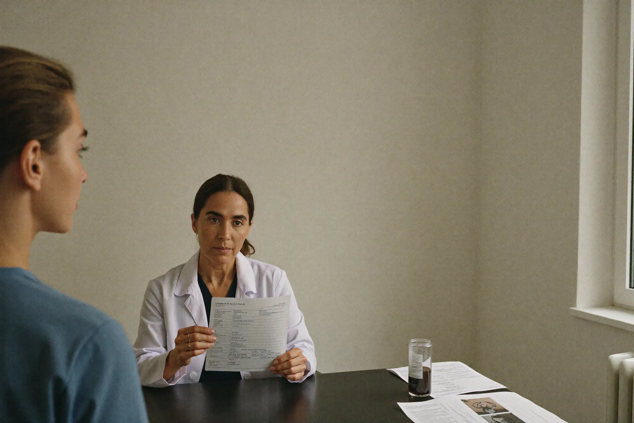 A clinician in a consult, talking through options across the desk.