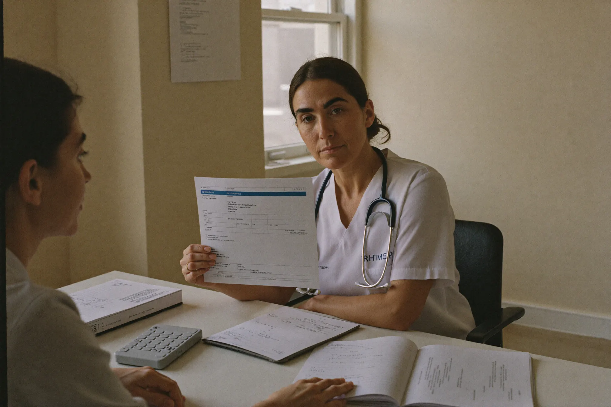 A clinician holding a lab report across the desk, walking through the numbers.