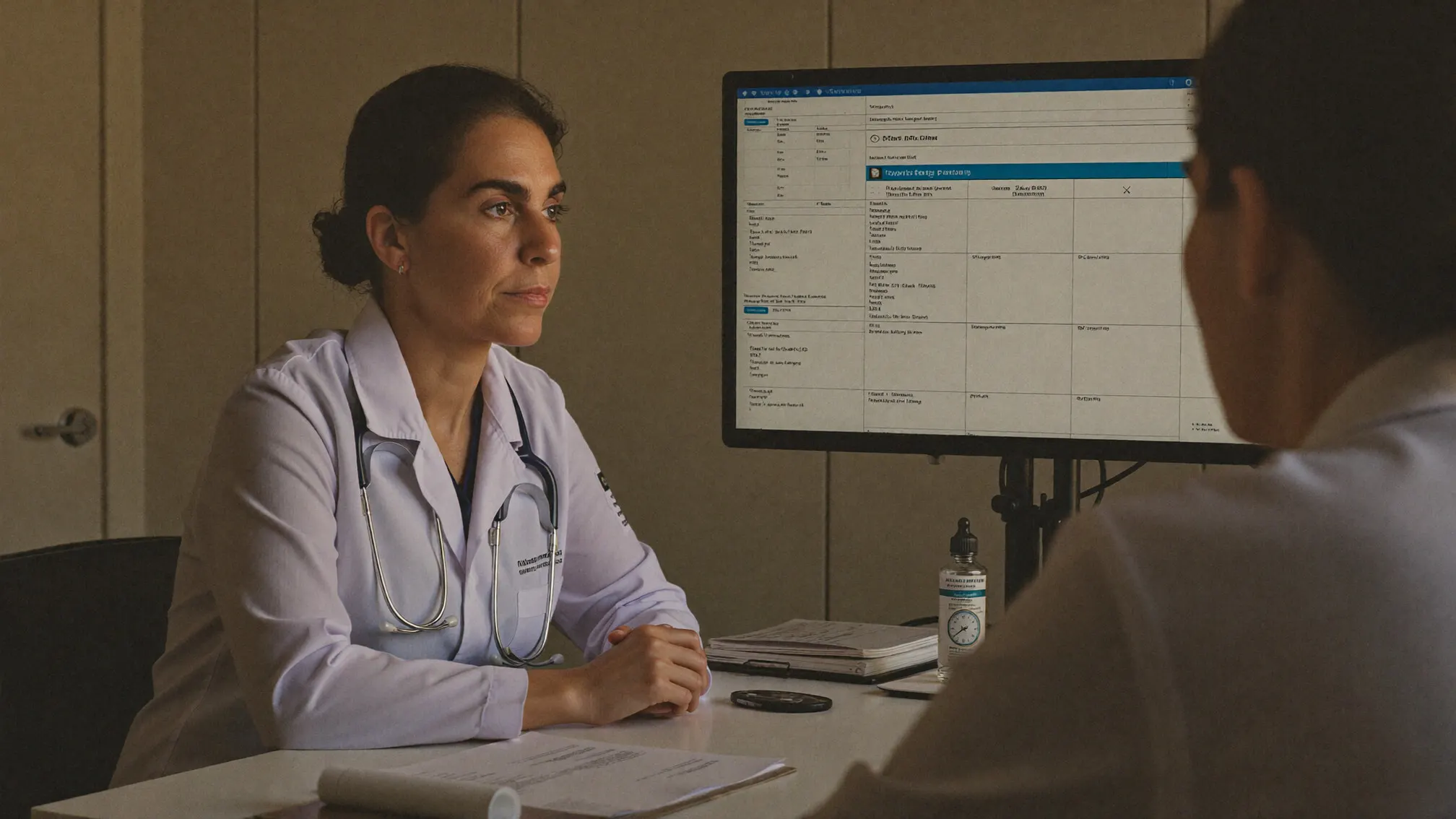 A clinician at her desk, a chart open on the screen beside her.